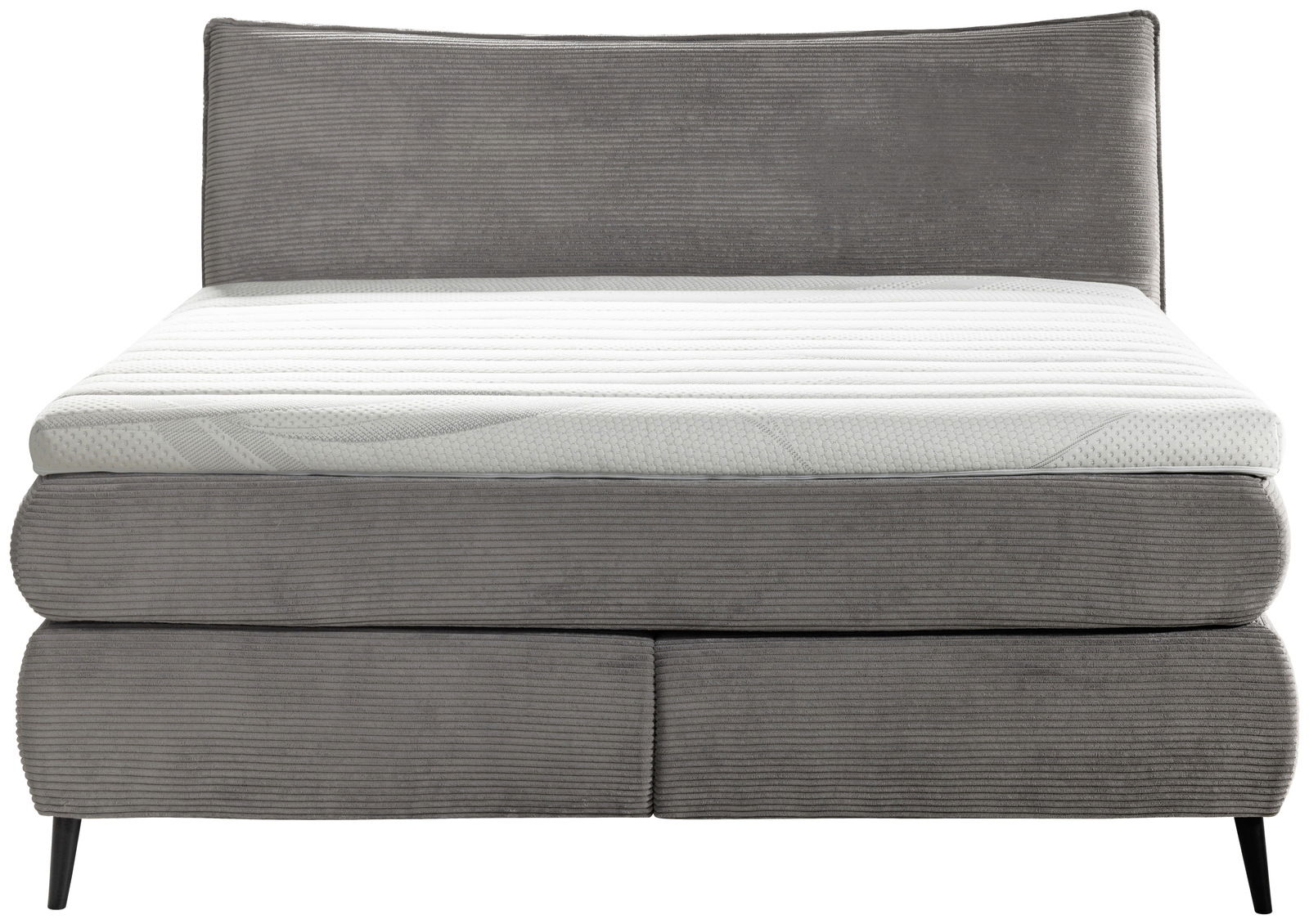 Frontale Ansicht eines grauen Boxspringbetts 180x200 mit gestepptem Kopfteil und schwarzem Fußgestell.