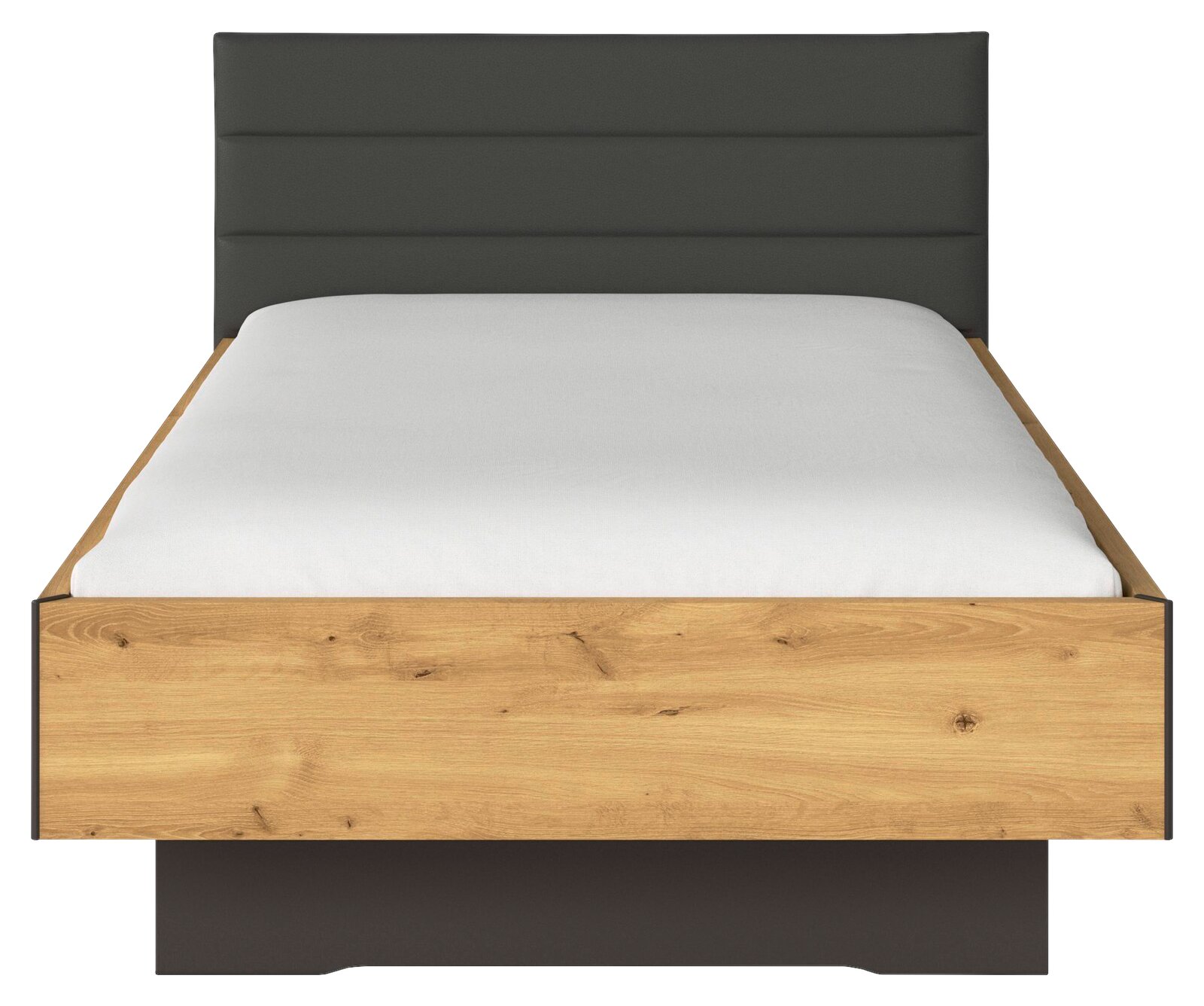 Modernes Bett mit gepolstertem dunkelgrauem Kopfteil und Holzrahmen in Eichenoptik, Frontansicht