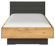 Modernes Bett mit gepolstertem dunkelgrauem Kopfteil und Holzrahmen in Eichenoptik, Frontansicht