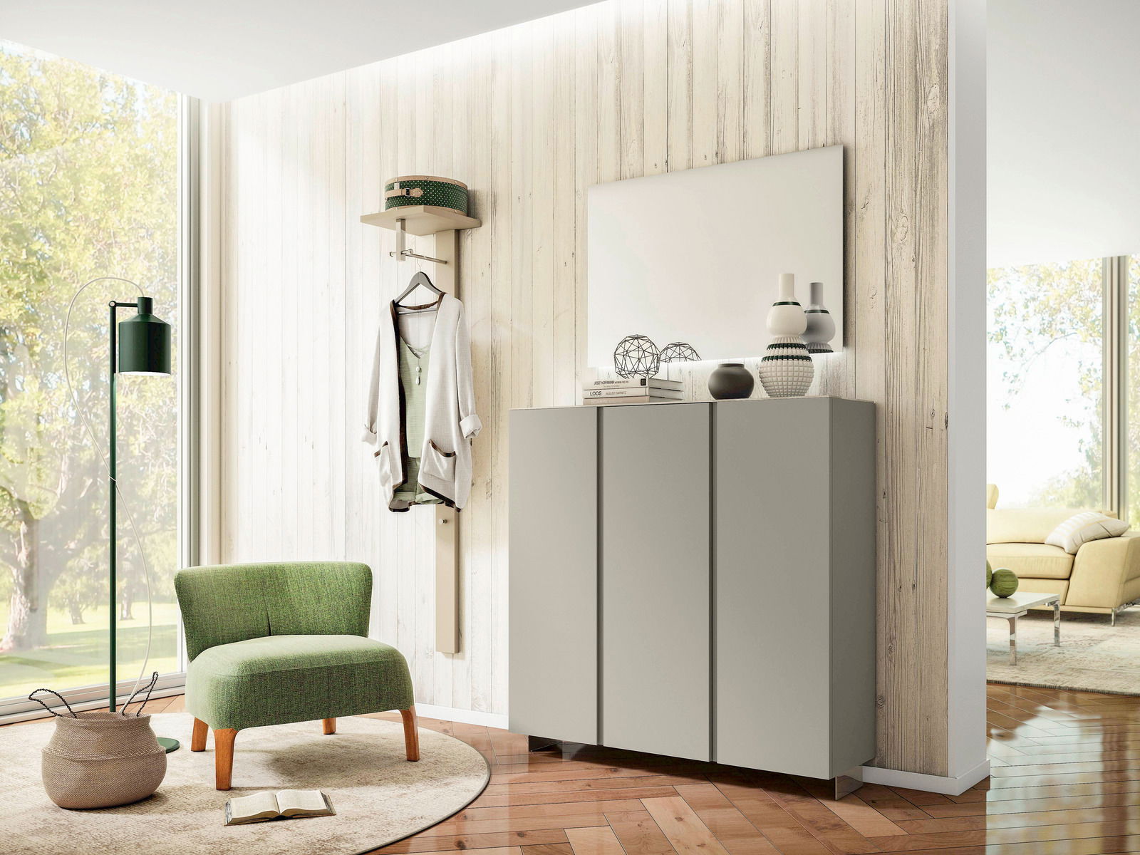 Moderano Garderoben-Set LECCO Modernes Garderobenset in einem hellen Raum mit grünem Sessel, Stehlampe und Dekorationen, seitliche Perspektive