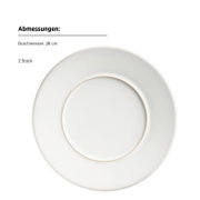Weißer runder Teller mit dezentem Rand, Durchmesser 28 cm (2 Stück), Draufsicht/Top-Down-Perspektive auf weißem Hintergrund