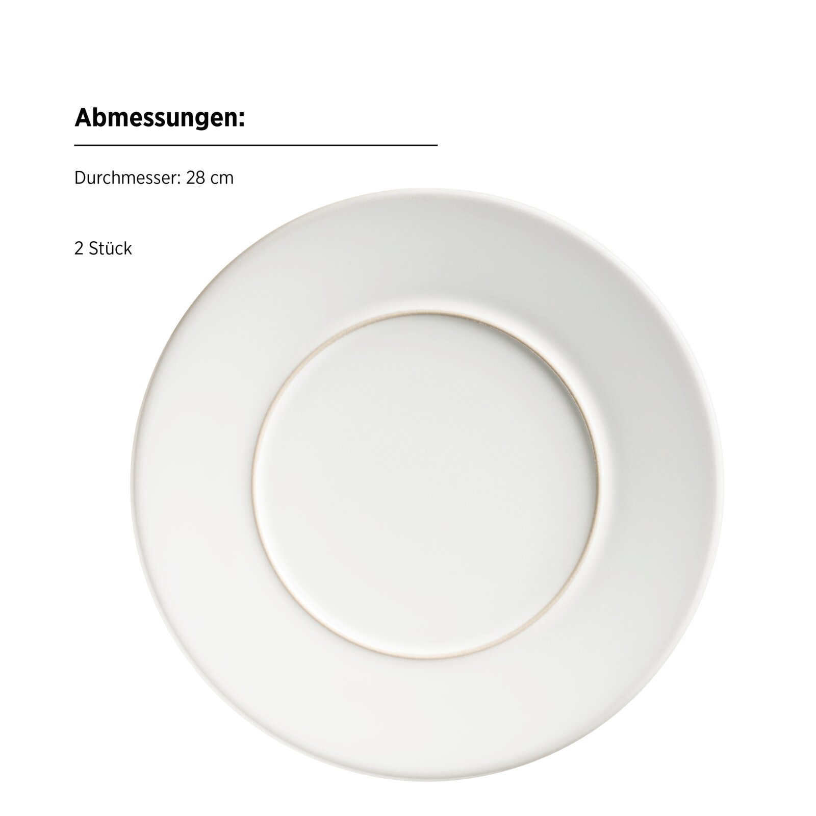 Weißer runder Teller mit dezentem Rand, Durchmesser 28 cm (2 Stück), Draufsicht/Top-Down-Perspektive auf weißem Hintergrund
