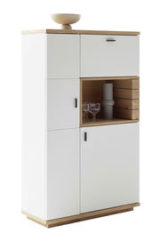 Modernes Highboard in Weiß mit Holzdetails, seitliche Perspektive