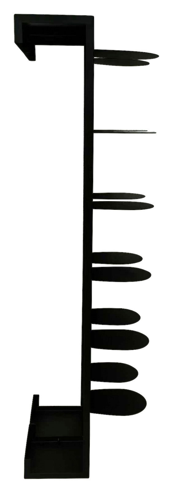 Schwarzes Schuhregal aus Metall mit seitlicher Ansicht, zeigt mehrere horizontale Ablagen für Schuhe.