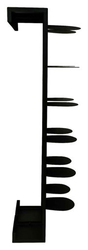 Schwarzes Schuhregal aus Metall mit seitlicher Ansicht, zeigt mehrere horizontale Ablagen für Schuhe.