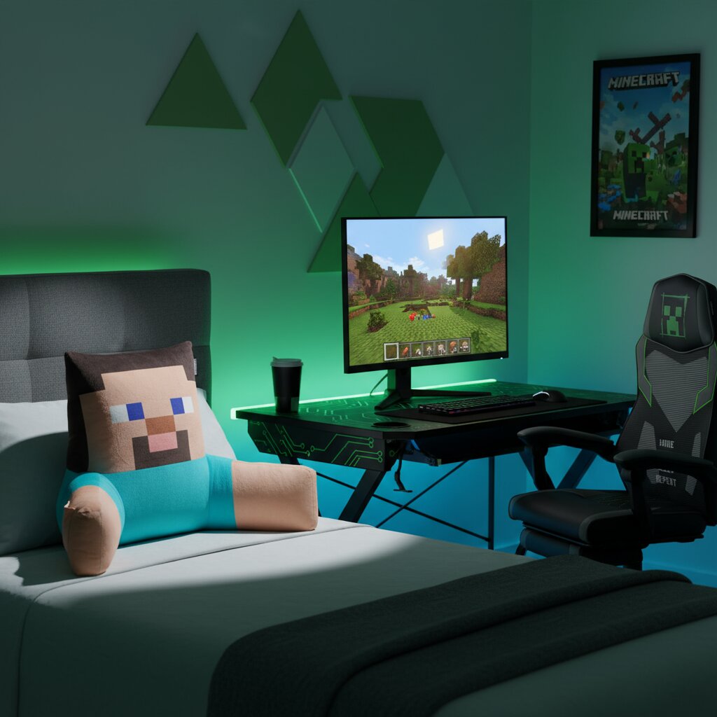 Modernes Gaming-Schlafzimmer mit Minecraft-Setup: Monitor auf Schreibtisch mit grüner LED-Beleuchtung, Gaming-Stuhl und Minecraft-Kissen auf dem Bett, Perspektive schräg von vorne links.