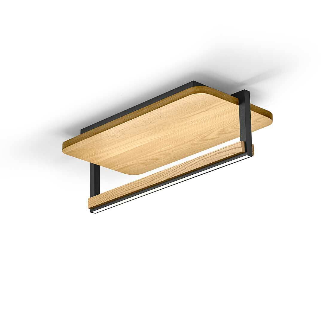 Moderne LED-Deckenleuchte mit Holz- und Metallelementen, seitliche Perspektive