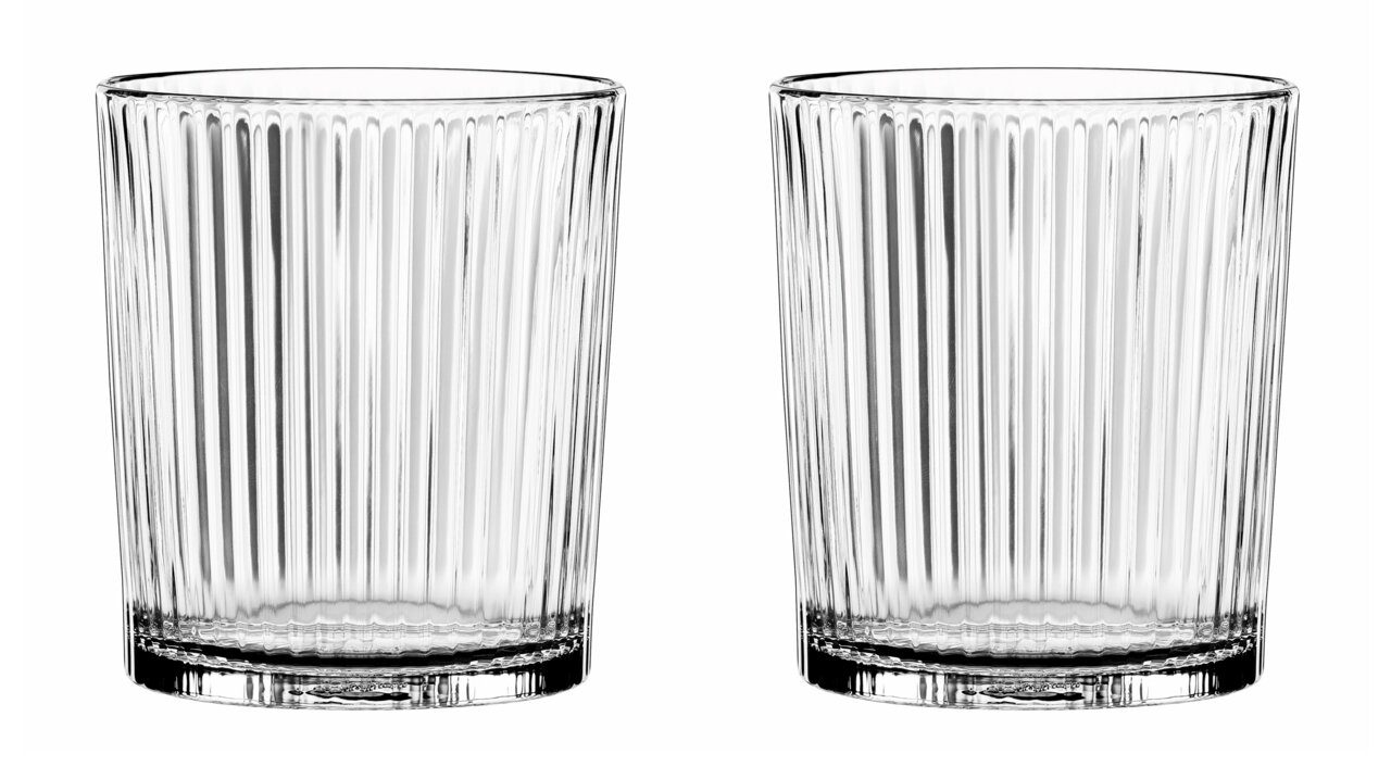 Nachtmann Becher-Set 2-tlg. APERITIVO Zwei transparente, geriffelte Becher aus Glas, frontal fotografiert.