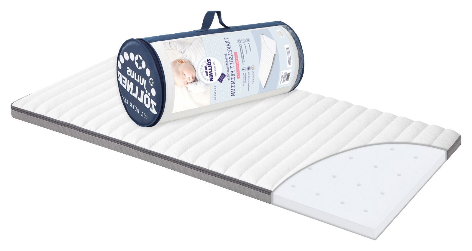 Seitliche Ansicht einer weißen Matratze mit grauem Rand, teilweise aufgerollt in einer blauen Tragetasche mit einem schlafenden Baby auf dem Etikett.