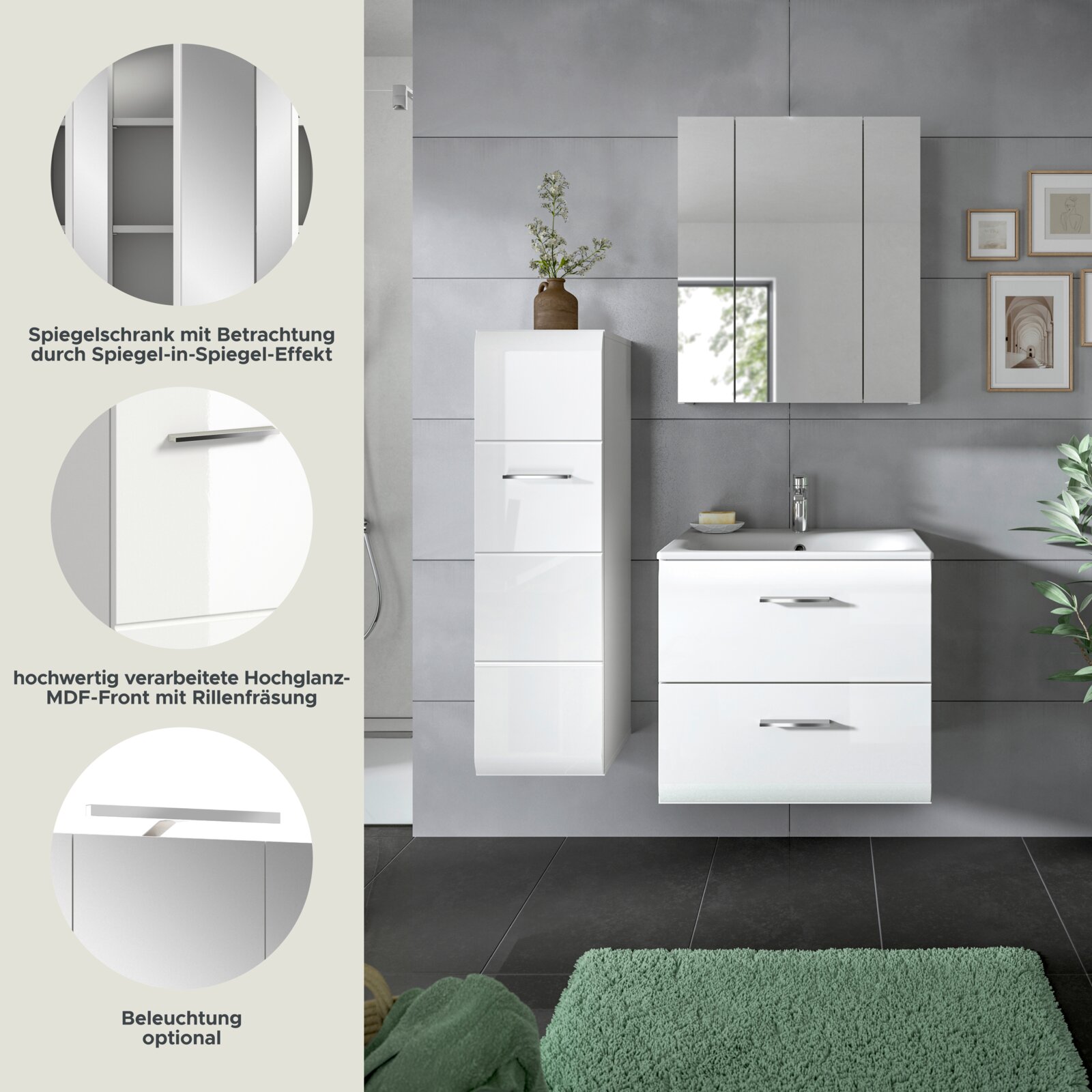 Modernes Badmöbel-Set in Weiß Hochglanz mit Waschtischunterschrank, Hochschrank und dreitürigem Spiegelschrank (Spiegel-in-Spiegel-Effekt), frontale Ansicht in Badezimmerumgebung; optional mit Beleuchtung
