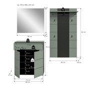 Maßgrafik eines grünen Flur-Garderobensets mit Spiegel, Schuhschrank und Garderobenpaneel mit Hakenleiste, Vorderansicht; Abmessungen u. a. Spiegel ca. 80×73×2 cm, Schuhschrank ca. 80×94×37 cm, Paneel ca. 80×145×29 cm.