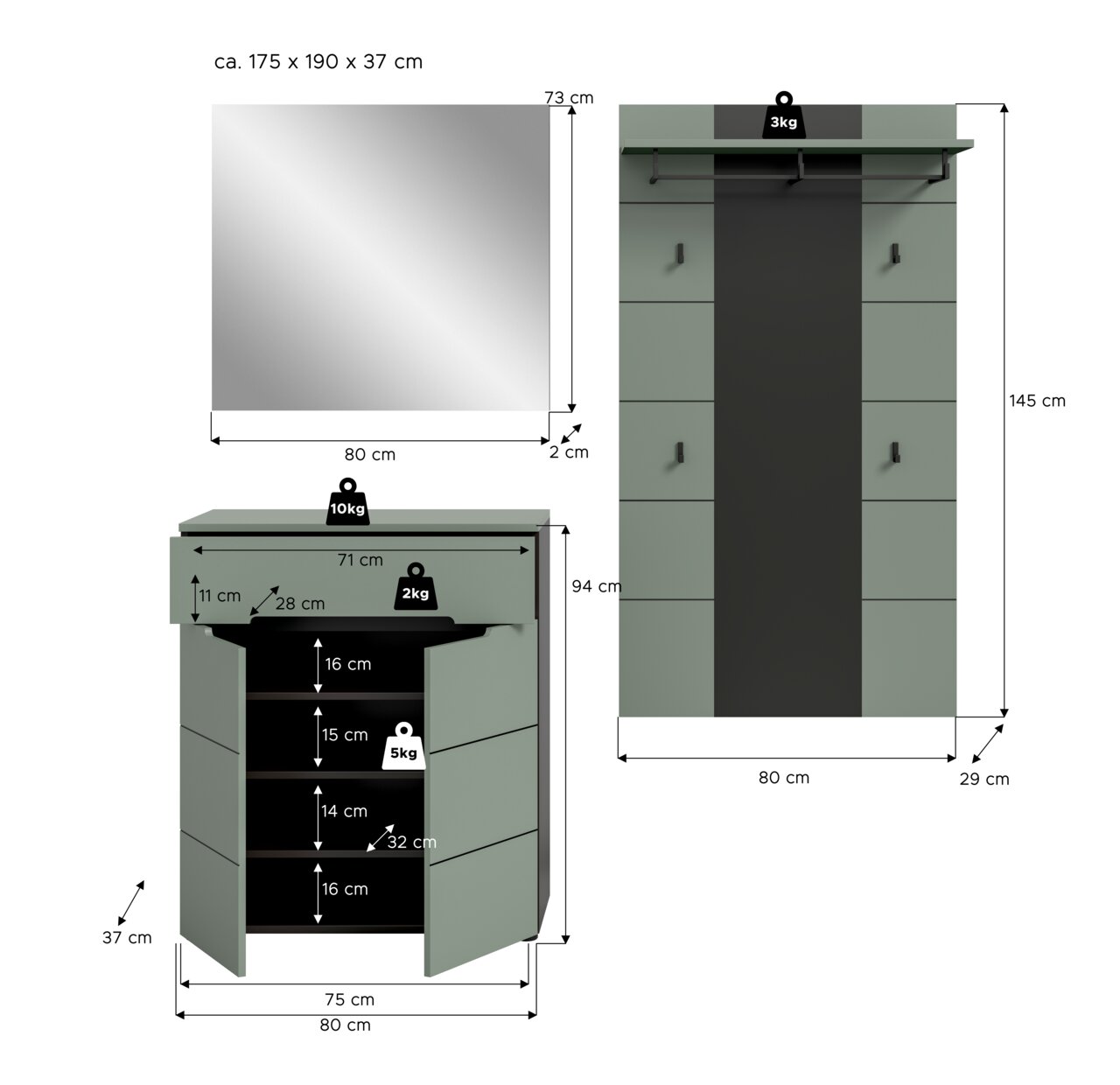 Maßgrafik eines grünen Flur-Garderobensets mit Spiegel, Schuhschrank und Garderobenpaneel mit Hakenleiste, Vorderansicht; Abmessungen u. a. Spiegel ca. 80×73×2 cm, Schuhschrank ca. 80×94×37 cm, Paneel ca. 80×145×29 cm.