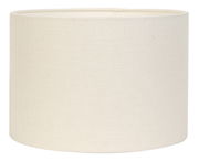 Zylindrischer Lampenschirm in Cremefarbe, frontal fotografiert.