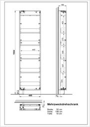 Technische Zeichnung eines Mehrzweckdrehschranks mit den Maßen Breite 50 cm, Höhe 196 cm, Tiefe 18 cm, Vorder- und Seitenansicht.