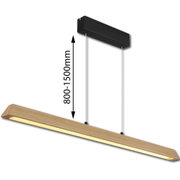 Moderne LED-Pendelleuchte aus Holz mit schwarzem Deckenbaldachin und zwei Seilabhängungen, warm leuchtender Lichtaustritt nach unten, höhenverstellbar 800–1500 mm, perspektivische Schrägansicht von vorne