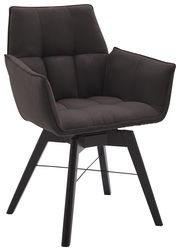 Moderner Armlehnenstuhl in dunklem Stoff mit gepolsterter Sitzfläche und Rückenlehne, seitliche Perspektive