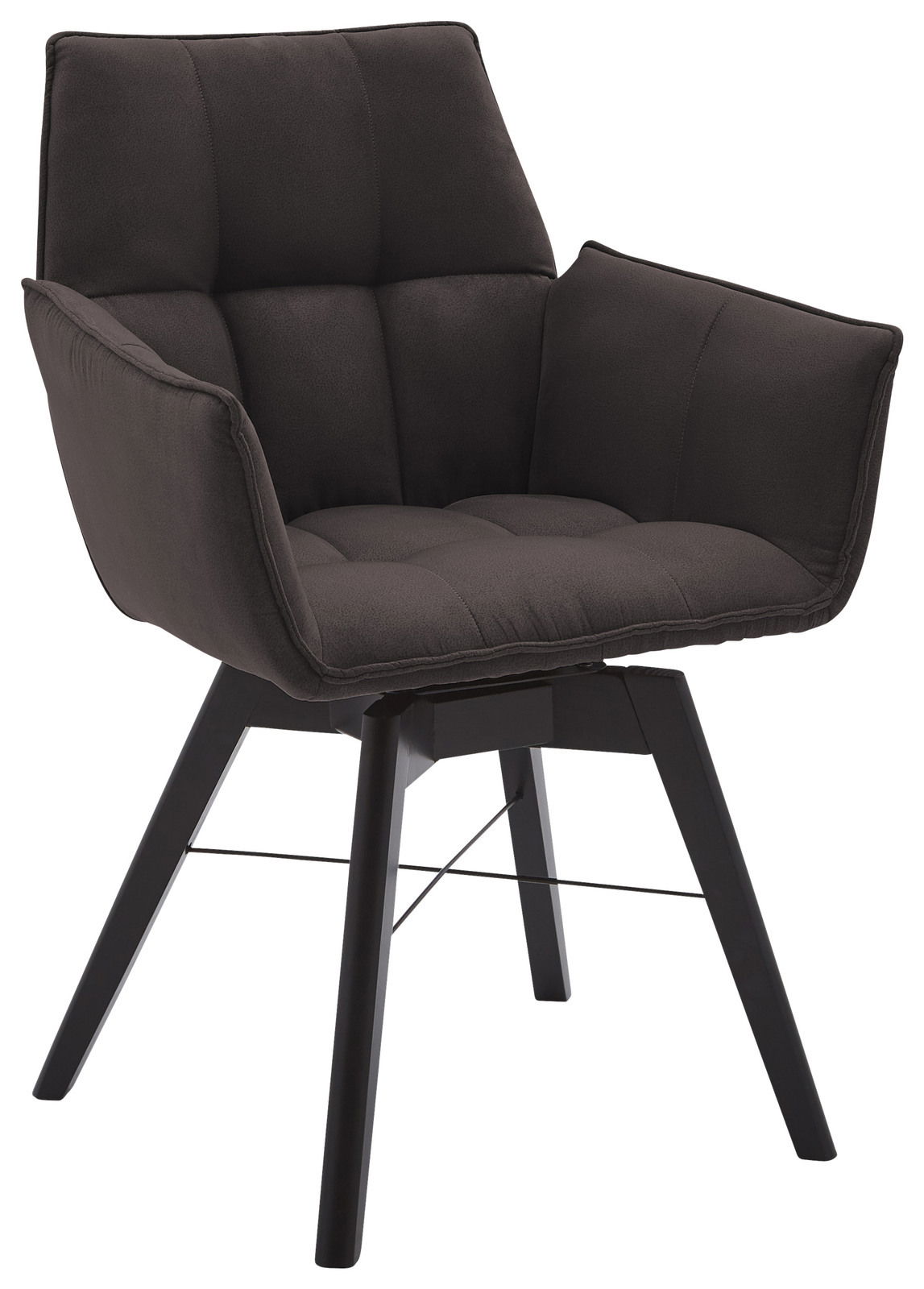 Moderner Armlehnenstuhl in dunklem Stoff mit gepolsterter Sitzfläche und Rückenlehne, seitliche Perspektive