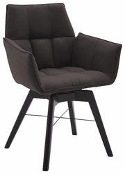 Moderner Armlehnenstuhl in dunklem Stoff mit gepolsterter Sitzfläche und Rückenlehne, seitliche Perspektive