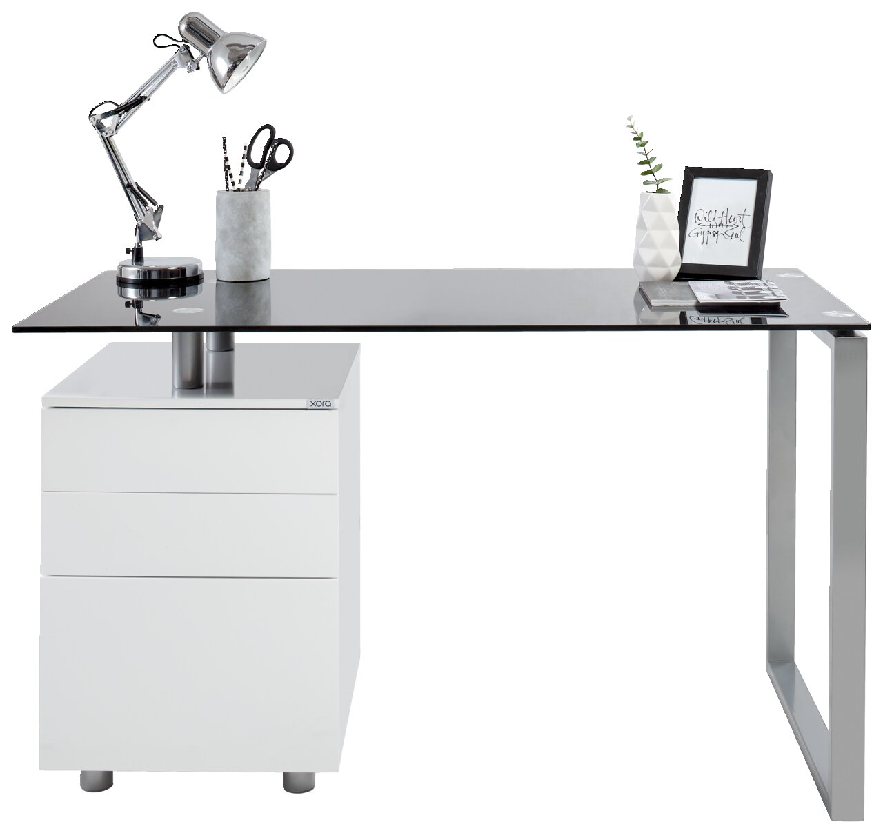 Moderner Schreibtisch mit Glasplatte, Metallgestell und integriertem weißen Schubladenschrank, seitliche Perspektive