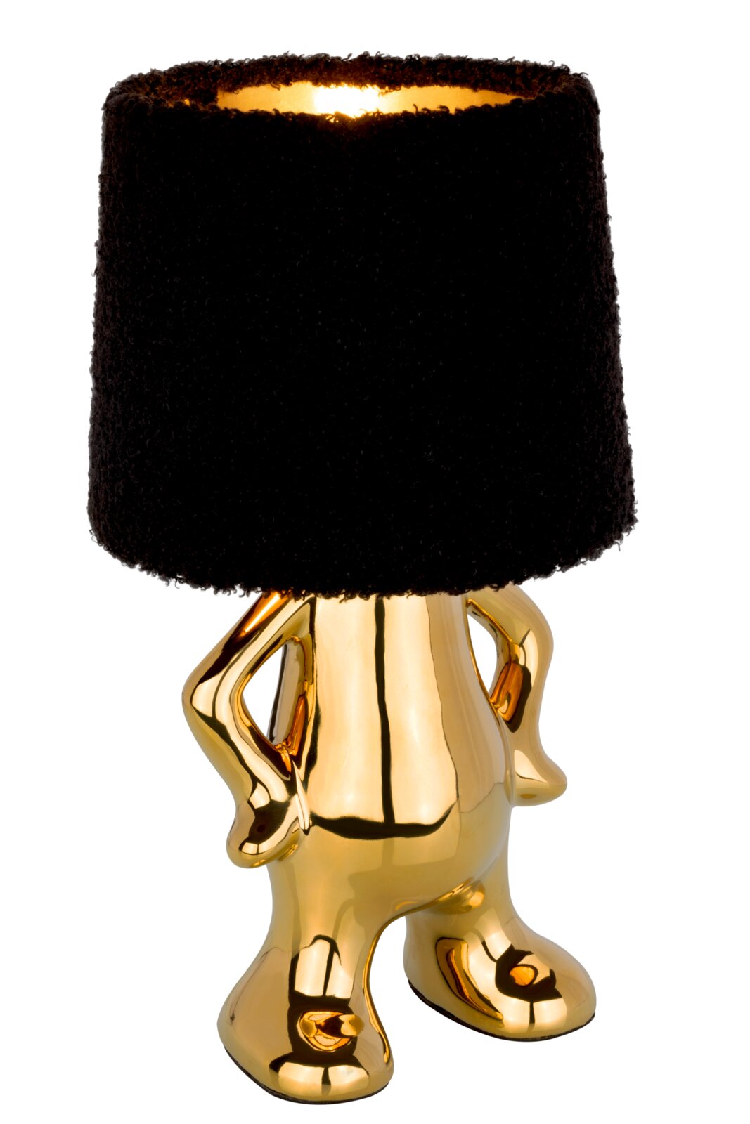 Goldene Tischleuchte in Form einer stilisierten Figur mit schwarzem Lampenschirm, frontal betrachtet.