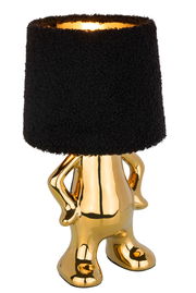 Goldene Tischleuchte in Form einer stilisierten Figur mit schwarzem Lampenschirm, frontal betrachtet.