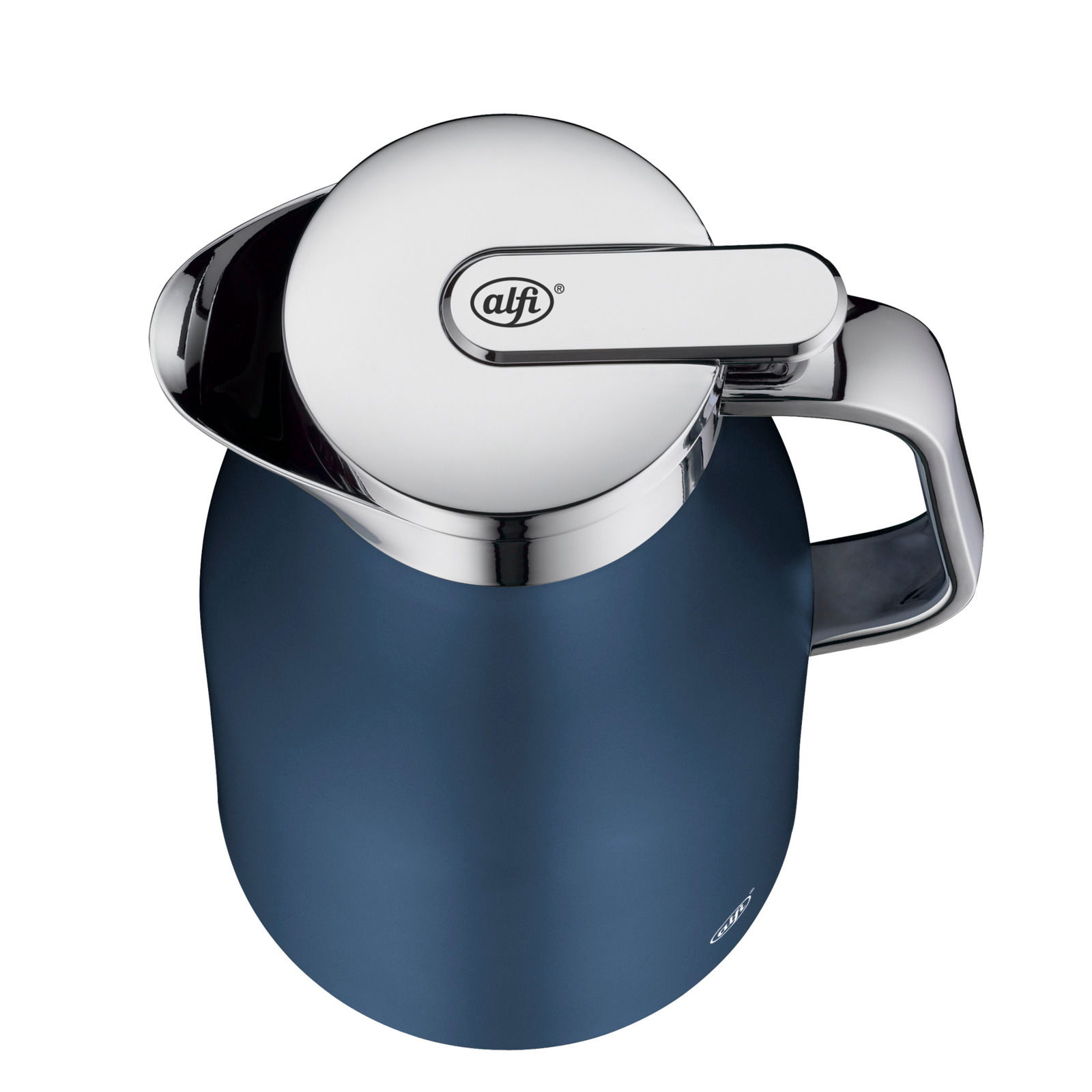 Thermoskanne in dunklem Denim-Blau mit glänzendem Chromdeckel und Griff, Ansicht von oben