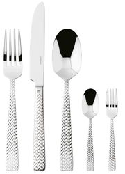 Besteckset Cortina 30-teilig, bestehend aus Messer, Gabel, Löffel, Teelöffel und Kuchengabel, mit geflochtenem Griffmuster, Vorderansicht.