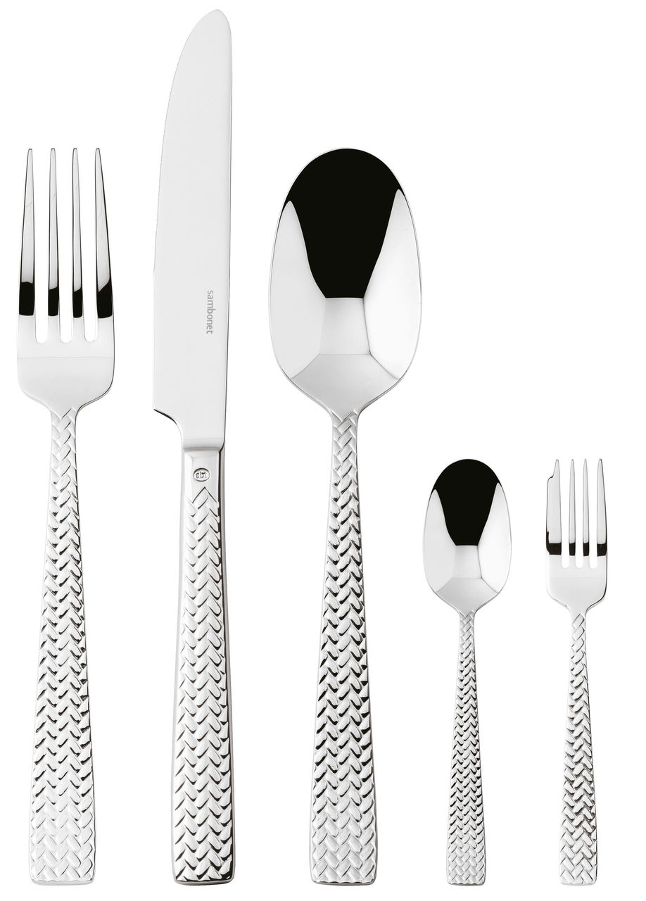 Besteckset Cortina 30-teilig, bestehend aus Messer, Gabel, Löffel, Teelöffel und Kuchengabel, mit geflochtenem Griffmuster, Vorderansicht.