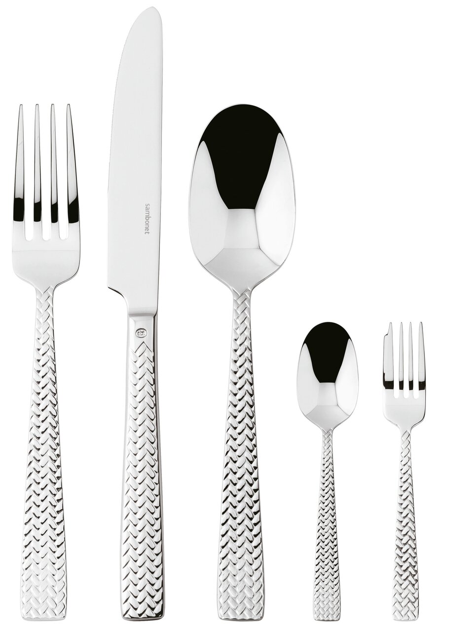 Besteckset Cortina 30-teilig, bestehend aus Messer, Gabel, Löffel, Teelöffel und Kuchengabel, mit geflochtenem Griffmuster, Vorderansicht.