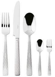 Besteckset Cortina 30-teilig, bestehend aus Messer, Gabel, Löffel, Teelöffel und Kuchengabel, mit geflochtenem Griffmuster, Vorderansicht.