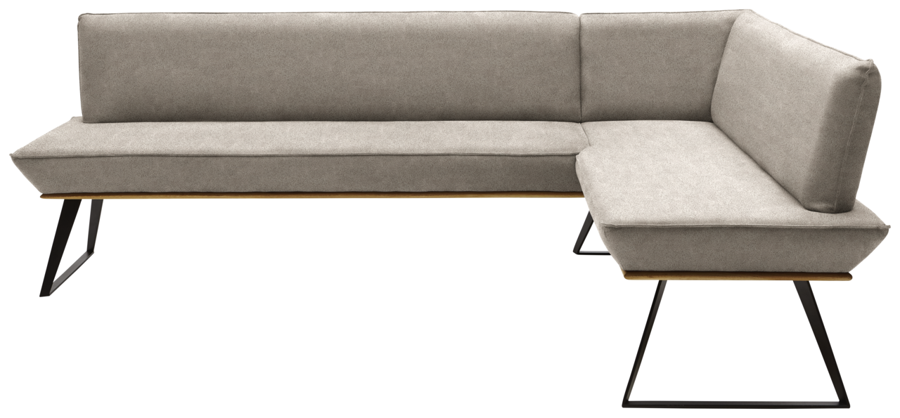 Eckbank in L-Form mit grauem Stoffbezug und schwarzen Metallbeinen, seitliche Perspektive