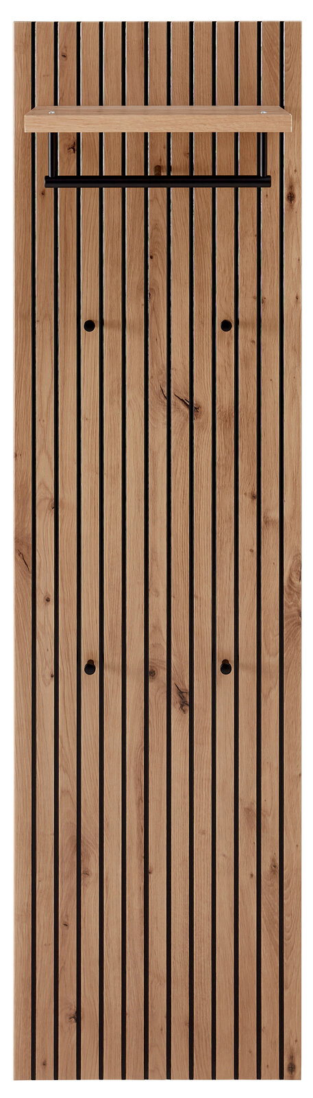 Frontale Ansicht eines Garderoben-Sets aus Holz mit vertikalen Streifen und einer Ablage oben.