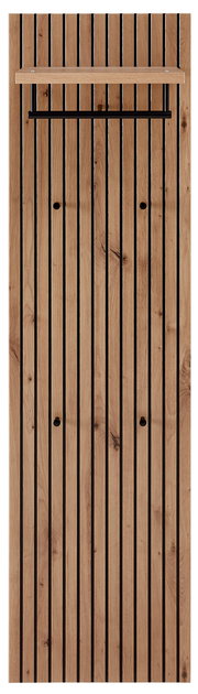 Frontale Ansicht eines Garderoben-Sets aus Holz mit vertikalen Streifen und einer Ablage oben.