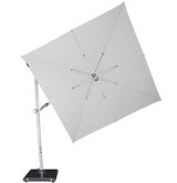 Moderner Pendelschirm in seitlicher Perspektive mit quadratischem, hellgrauem Schirm und stabilem Metallgestell auf schwarzem Sockel.