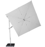 Moderner Pendelschirm in seitlicher Perspektive mit quadratischem, hellgrauem Schirm und stabilem Metallgestell auf schwarzem Sockel.