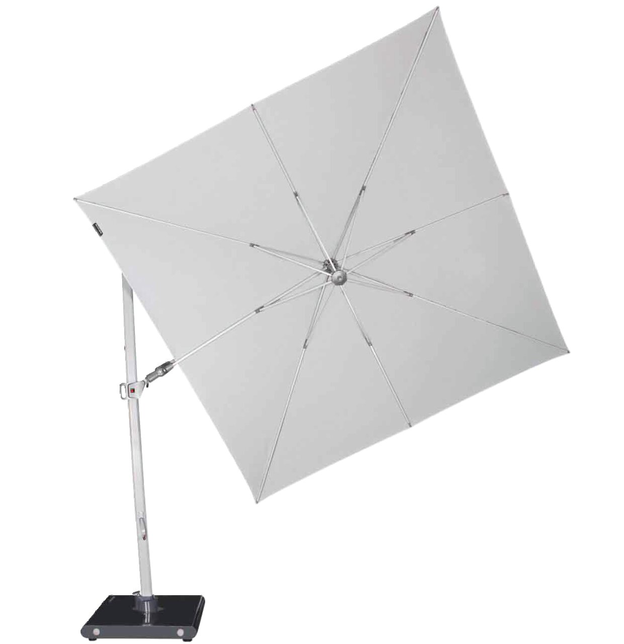 Moderner Pendelschirm in seitlicher Perspektive mit quadratischem, hellgrauem Schirm und stabilem Metallgestell auf schwarzem Sockel.