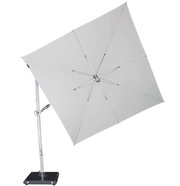 Moderner Pendelschirm in seitlicher Perspektive mit quadratischem, hellgrauem Schirm und stabilem Metallgestell auf schwarzem Sockel.