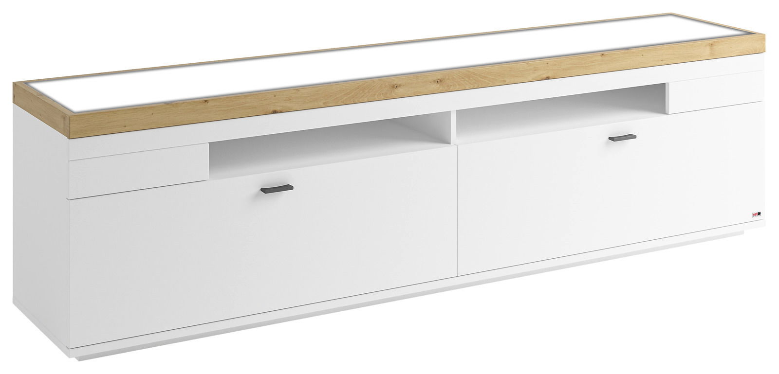 Weißes TV-Lowboard mit Holzoberfläche, zwei Schubladen und offenen Fächern, seitliche Perspektive