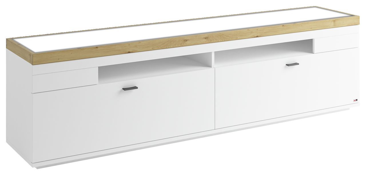 Set one by Musterring TV-Lowboard SET ONE LANCASTER Weißes TV-Lowboard mit Holzoberfläche, zwei Schubladen und offenen Fächern, seitliche Perspektive