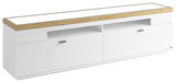 Weißes TV-Lowboard mit Holzoberfläche, zwei Schubladen und offenen Fächern, seitliche Perspektive