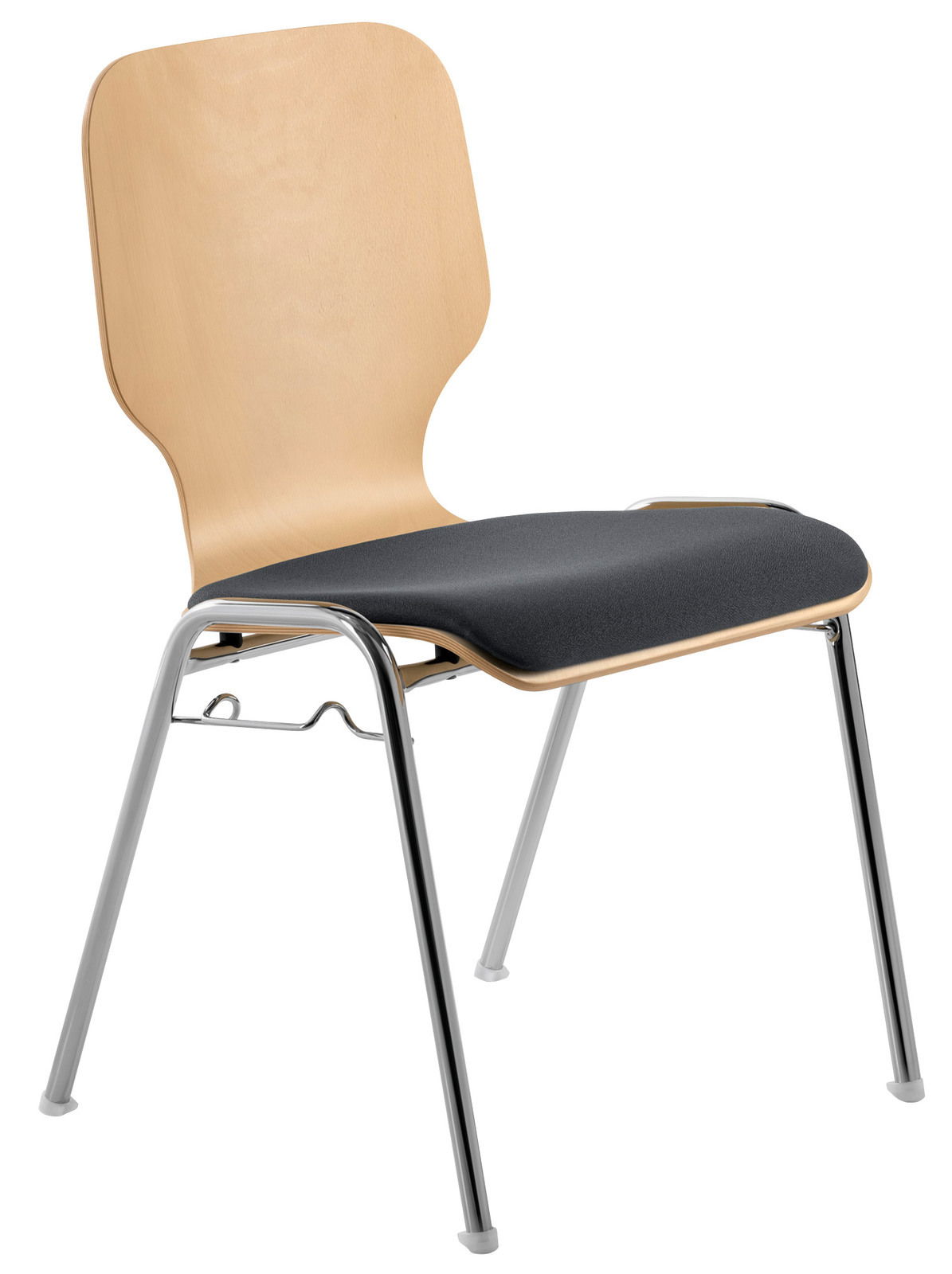 Moderner Stapelstuhl mit Holzrückenlehne und gepolsterter Sitzfläche, seitliche Perspektive