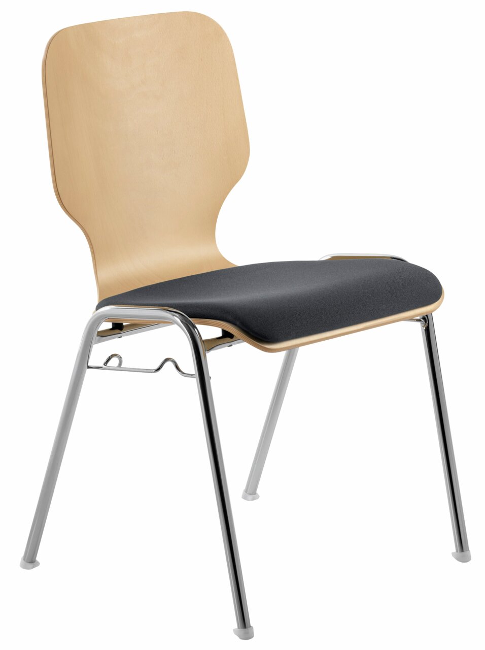 Moderner Stapelstuhl mit Holzrückenlehne und gepolsterter Sitzfläche, seitliche Perspektive