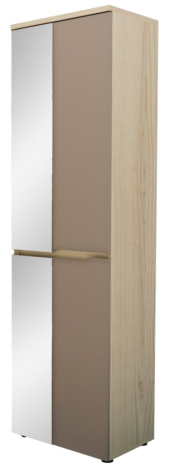 Moderner Garderobenschrank mit Holzoptik und Spiegeltüren, seitliche Perspektive