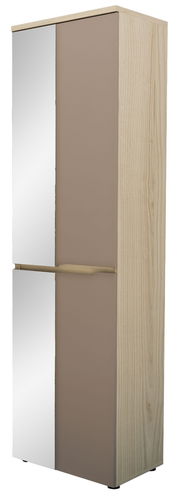 Moderner Garderobenschrank mit Holzoptik und Spiegeltüren, seitliche Perspektive