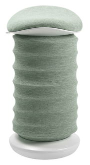 Aktiv-Sitz in zylindrischer Form mit grünem Stoffbezug, seitliche Perspektive