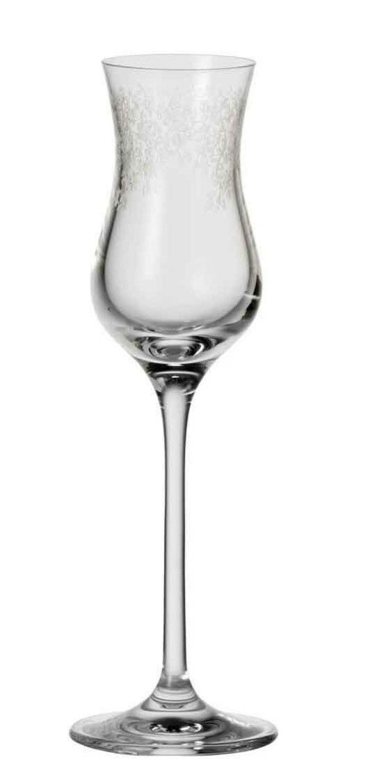 Elegantes Grappaglas Chateau mit langem Stiel und verziertem Rand, Frontalansicht