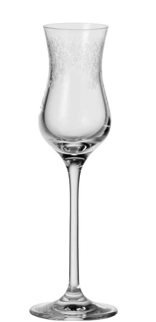 Elegantes Grappaglas Chateau mit langem Stiel und verziertem Rand, Frontalansicht