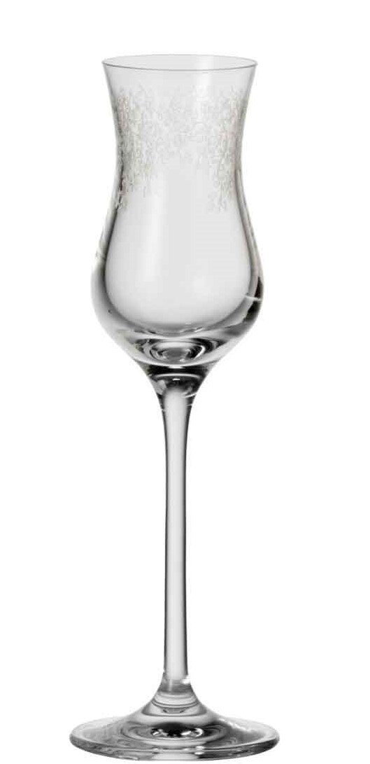 Elegantes Grappaglas Chateau mit langem Stiel und verziertem Rand, Frontalansicht