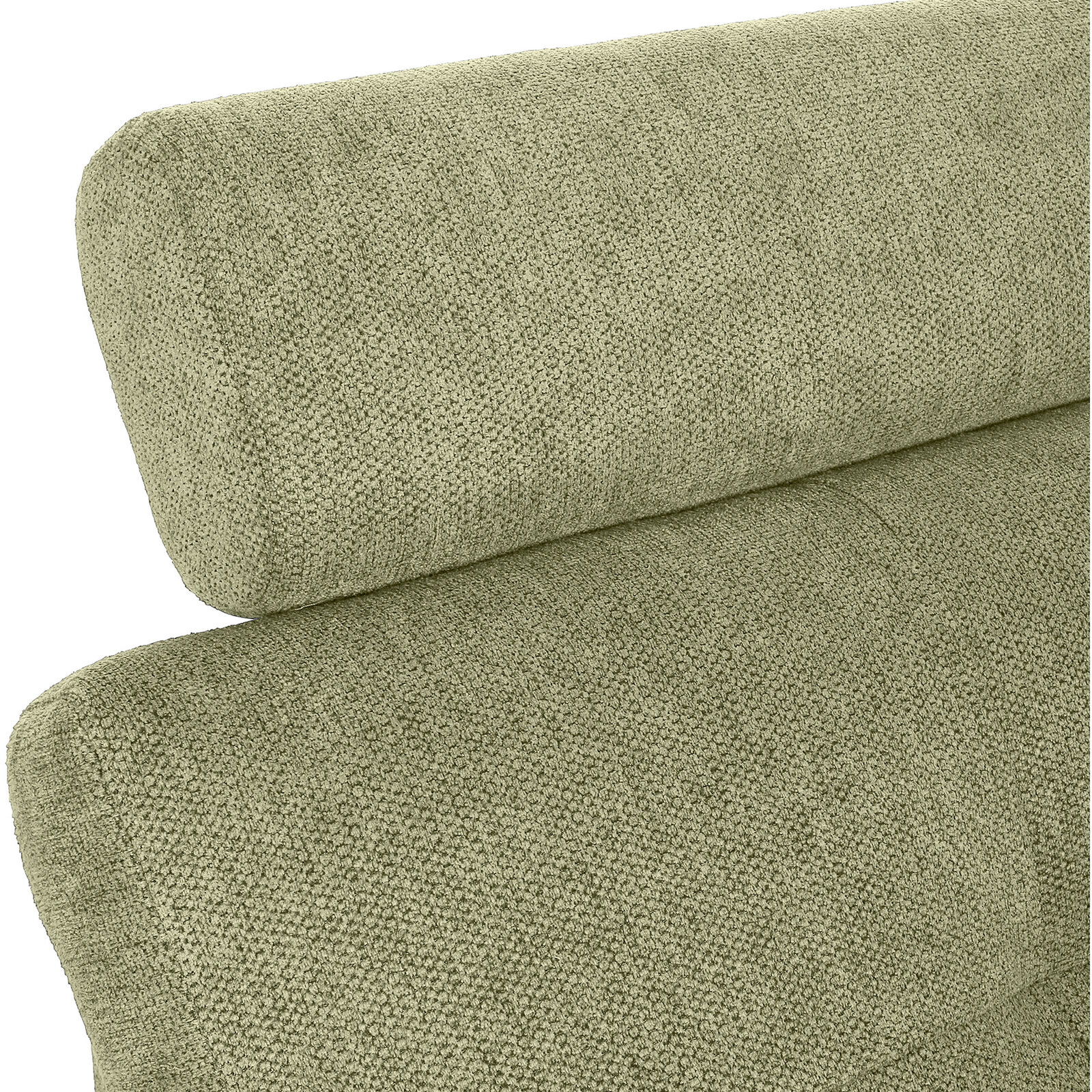 Nahaufnahme einer grünen, texturierten Polsterung eines Sofas mit Rückenlehne, seitliche Perspektive.
