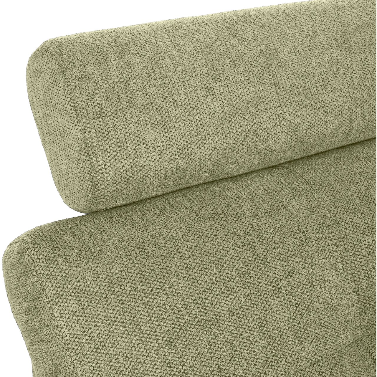 Hom´in Zithoek MAURIS Nahaufnahme einer grünen, texturierten Polsterung eines Sofas mit Rückenlehne, seitliche Perspektive.